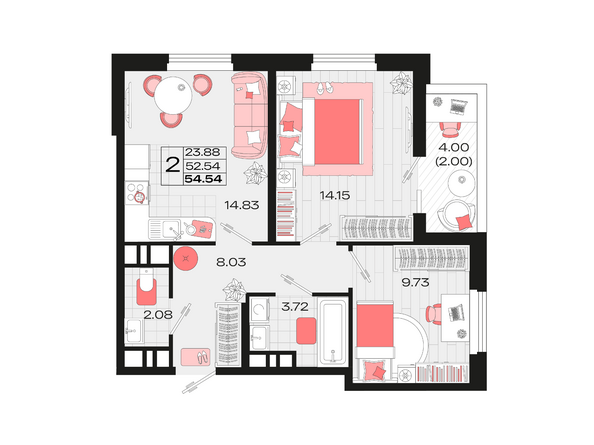 Планировка 2-комн 54,54 м²