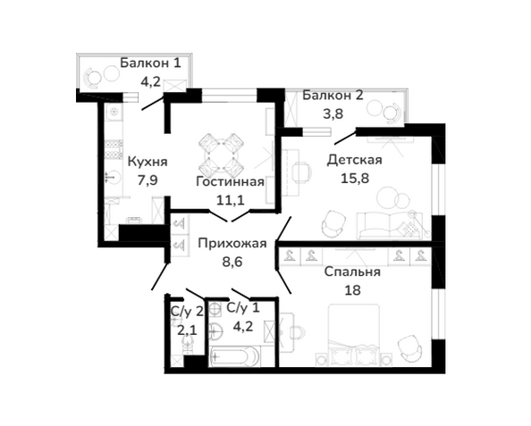 Планировка 3-комн 75,7 м²