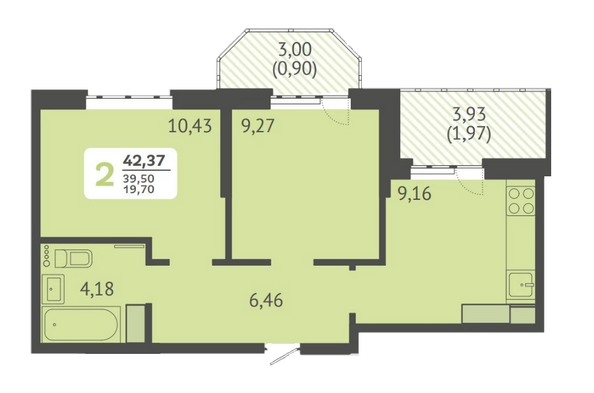 Планировка 2-комн 43 м²