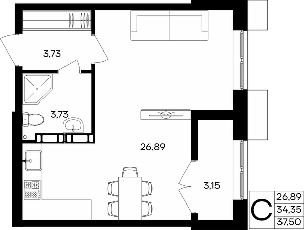 Планировка Студия 37,5, 37,51 м²