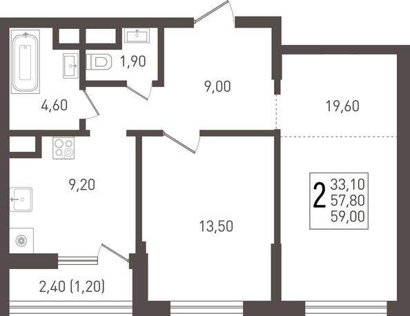 Планировка 2-комн 59, 59,8 м²