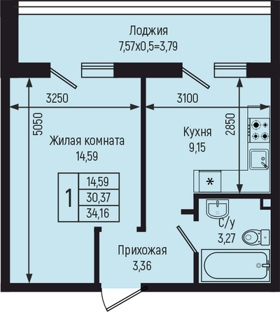 Планировка 1-комн 34,16 м²