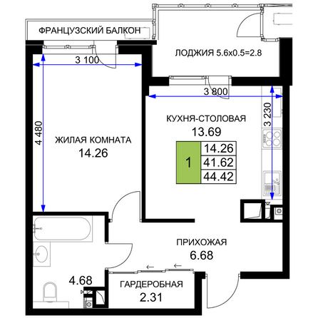 Планировка 1-комн 44,42 м²