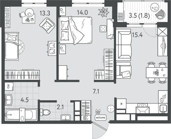 Планировка 2-комн 58,2 м²