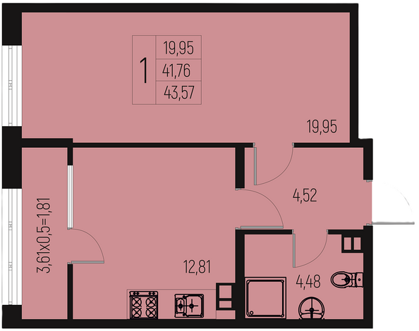 Планировка 1-комн 43,57 м²