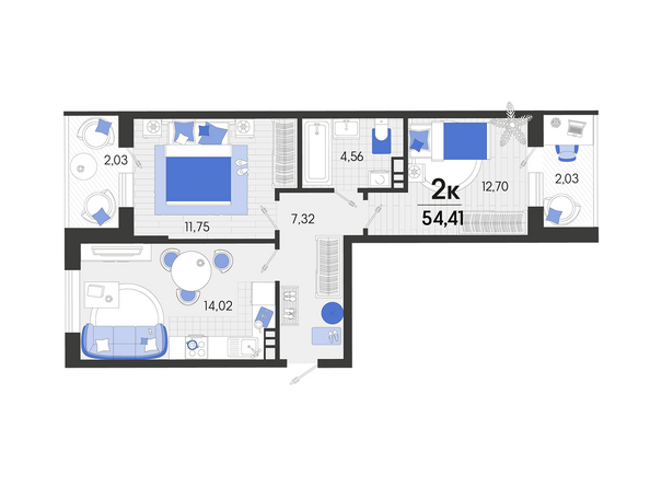 Планировка 2-комн 54,41 м²