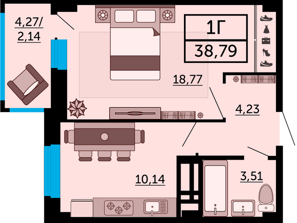 Планировка 1-комн 38,79 м²