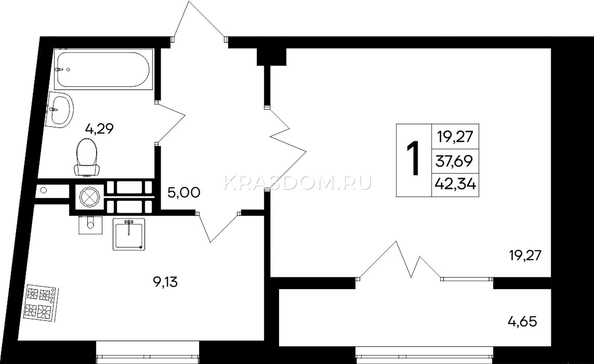 Планировка 1-комн 42,34, 42,42 м²