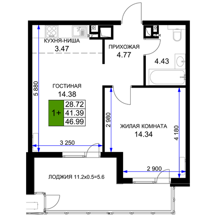 Планировка 1-комн 46,99 м²