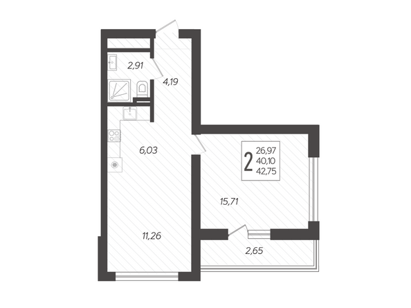 Планировка 2-комн 42,75 м²