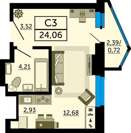 Планировка Студия 24,06 м²