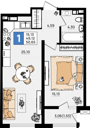Планировка 1-комн 50,65 м²