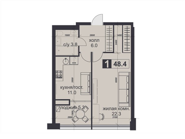 Планировка 1-комн 48,4, 48,8 м²