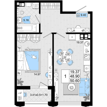 Планировка 1-комн 50,6 м²