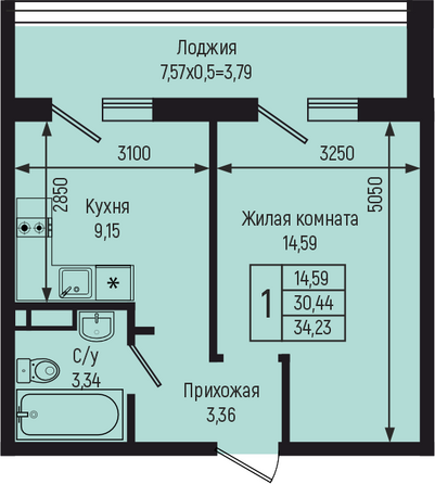 Планировка 1-комн 34,23 м²