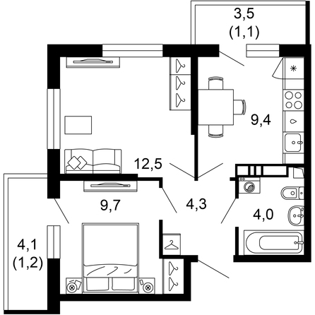 Планировка 2-комн 42,2 м²