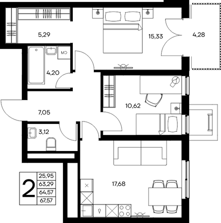Планировка 2-комн 67,57 м²