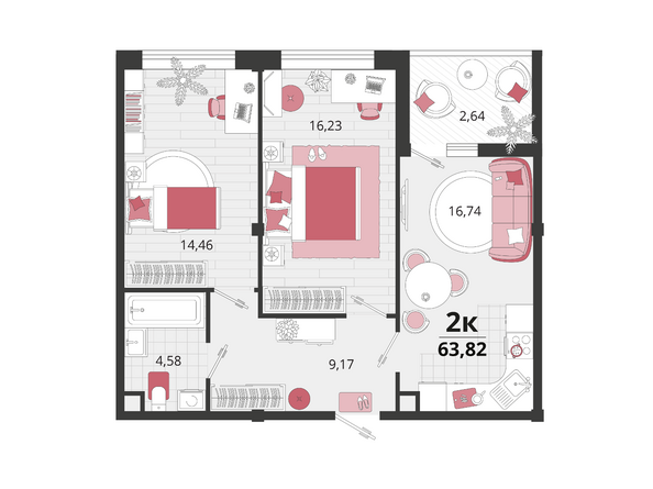 Планировка 2-комн 63,82 м²