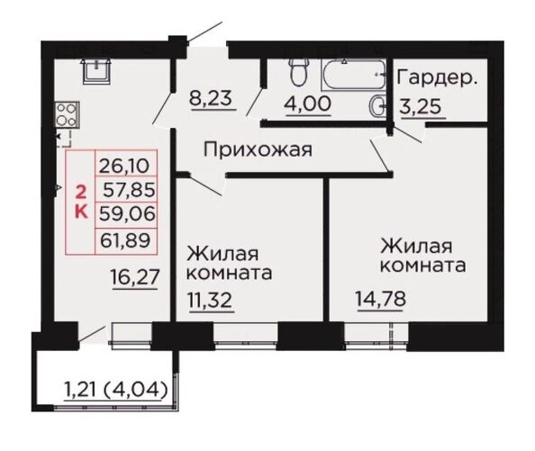 Планировка 2-комн 59,06 м²