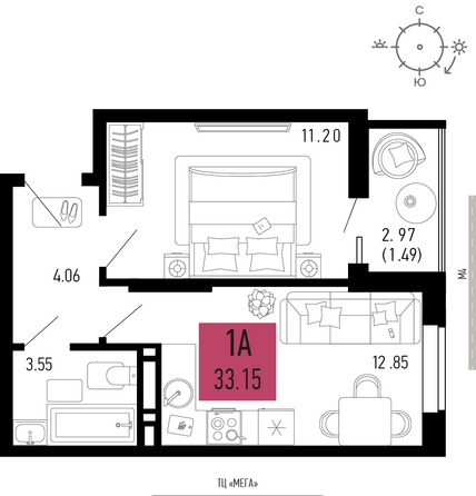 Планировка 1-комн 33,15 м²