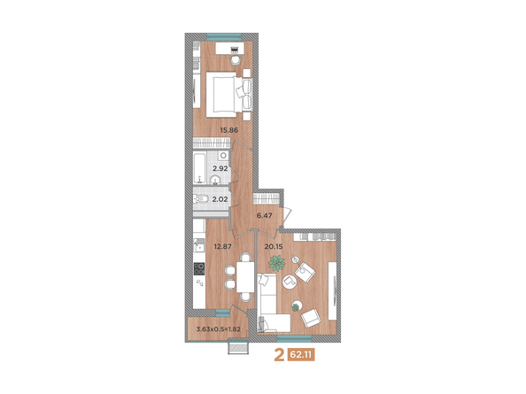 Планировка 2-комн 62,11 м²