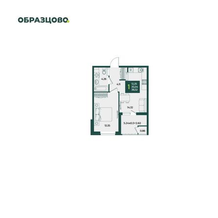 Планировка 1-комн 38,52 м²