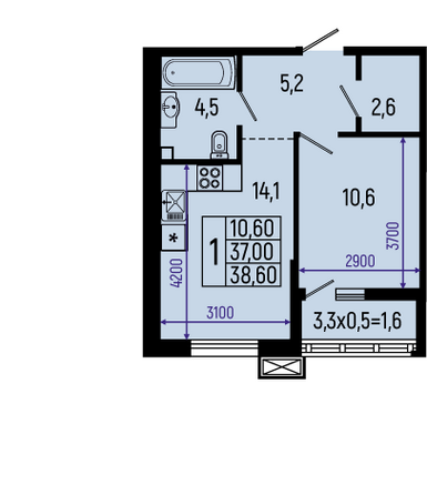 Планировка 1-комн 38,6 м²