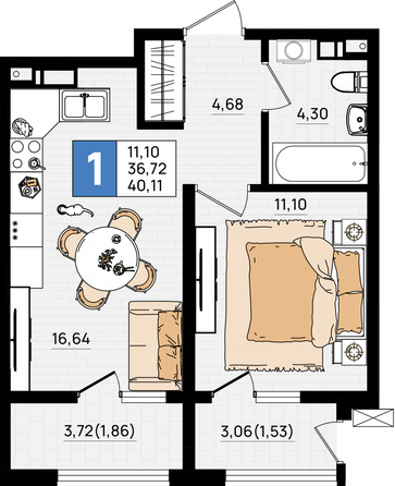 Планировка 1-комн 40,11 м²