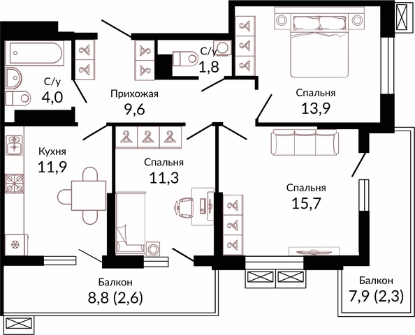 Планировка 3-комн 73,1 м²