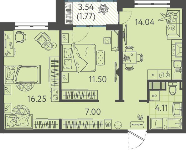 Планировка 2-комн 54,67 м²