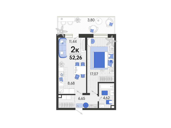 Планировка 2-комн 52,26 м²