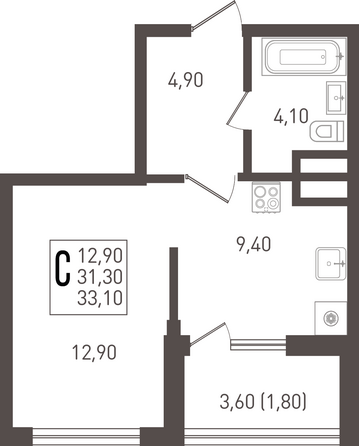 Планировка Студия 33,1 м²