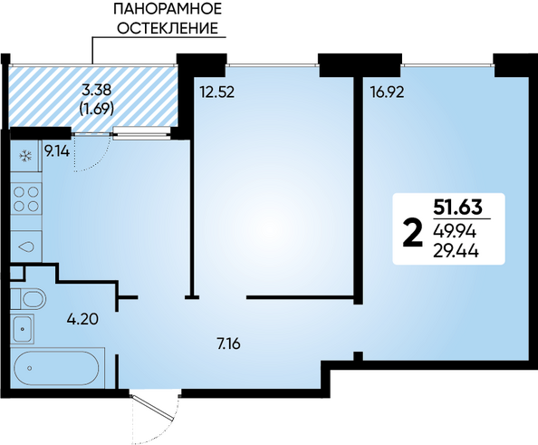 Планировка 2-комн 51,63 м²