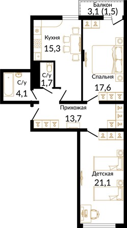 Планировка 2-комн 75 м²