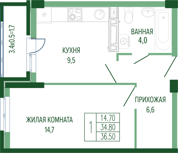 Планировка 1-комн 36,5 м²