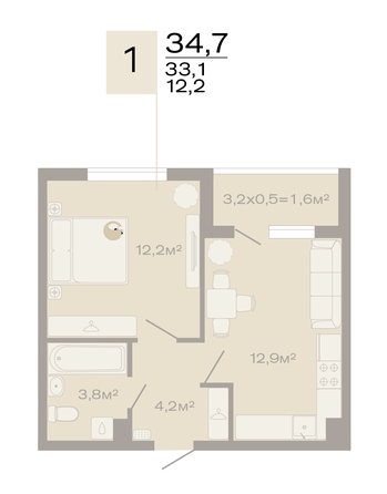 Планировка 1-комн 34,7 м²