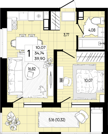 Планировка 1-комн 39,9 м²