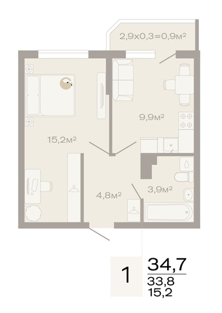 Планировка 1-комн 34,7 м²