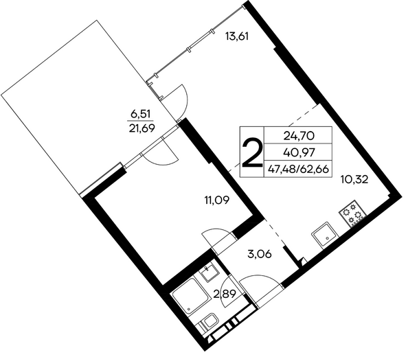 Планировка 2-комн 62,66 м²