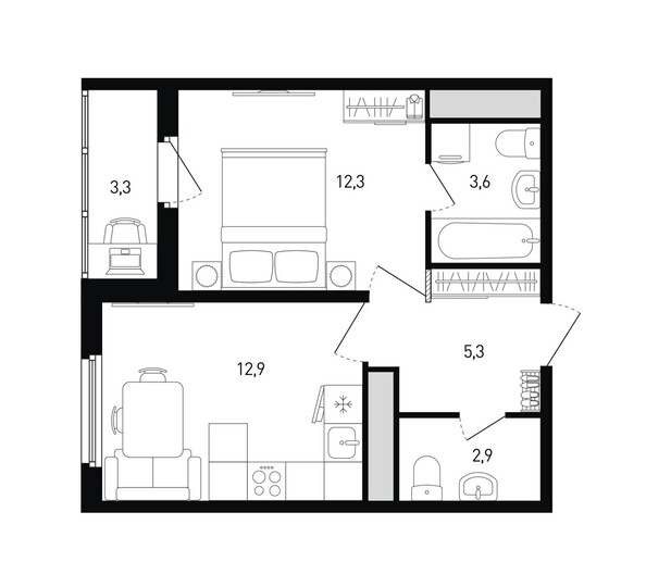 Планировка 1-комн 38,6 м²