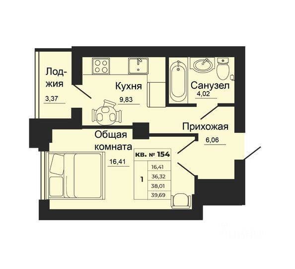 Планировка 1-комн 38,01 м²