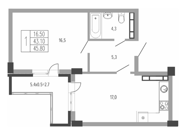 Планировка 1-комн 45,8 м²