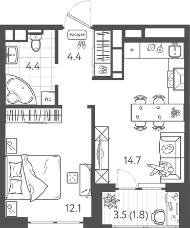 Планировка 1-комн 37,4 м²