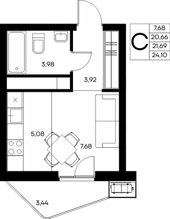 Планировка Студия 24,1, 24,12 м²