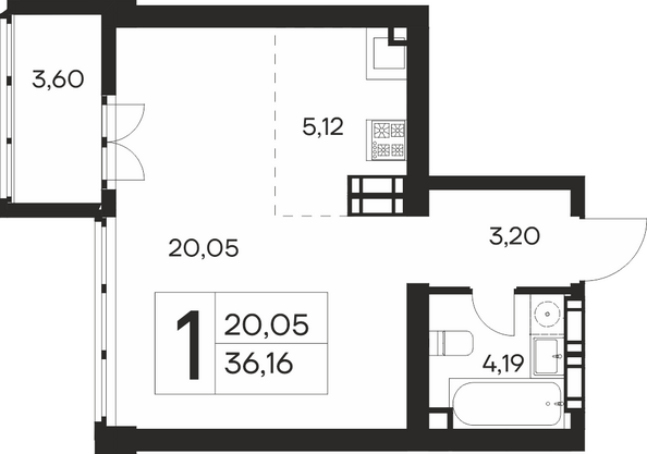 Планировка 1-комн 36,16 м²