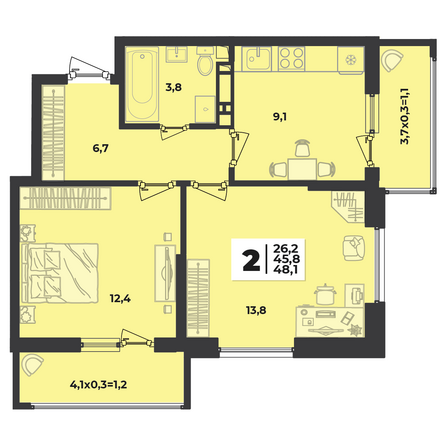 Планировка 2-комн 48,1 м²