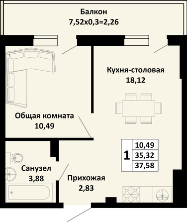 Планировка 1-комн 37,58 м²