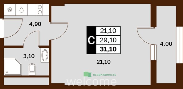 Планировка 1-комн 31,1 м²