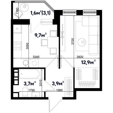 Планировка 1-комн 31,8 м²