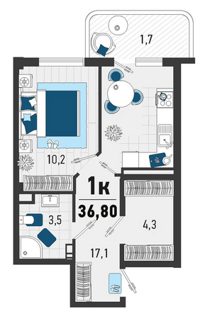 Планировка 1-комн 36,8 м²